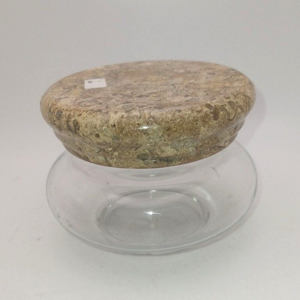 Fossil Stone Marble Top Clear Glass Jar from Pakistan